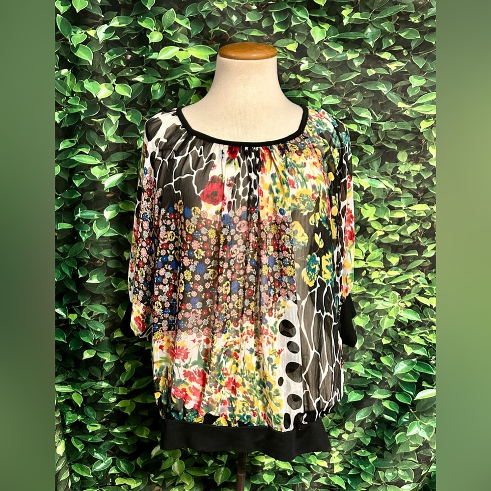 Ultra Pink Sheer Blouse Black Floral Animal Print 3/4 Sleeve Womens Large